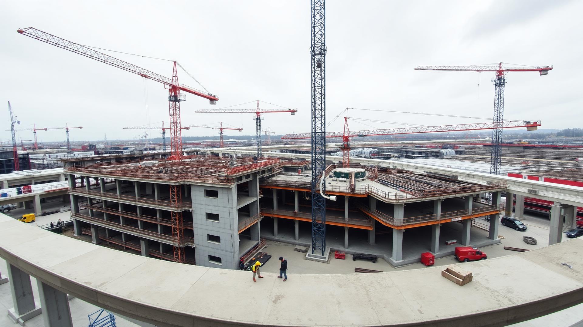 Cantiere edile complesso con gru e strutture in costruzione